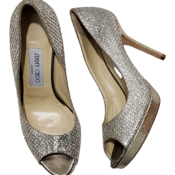Jimmy Choo Champagne Glitter Luna Peep Toe Platform Pumps Size 37 - Picture 6 of 10